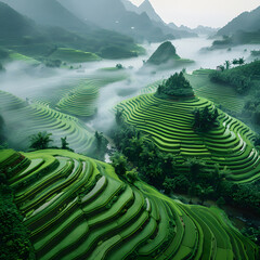 Wall Mural - aerial view of lush green rice fields and terraces in china on a foggy morning isolated on white background, png