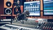 © Shivamrajput46  - close-up of a Professional microphone and sound mixer in a radio studio, with a microphone and headphones visible in the background, modern sound recording studio.