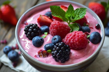 Sticker - Delicious pink smoothie bowl with fresh blackberries, raspberries, blueberries and mint leaves