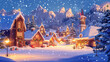 © M - Snow-covered village landscape decorated for Christmas with holiday lights, wreaths, and trees under a gently falling snow