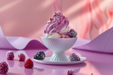 Wall Mural - Delicious pink frozen yogurt with toppings and frozen blackberries on pink background