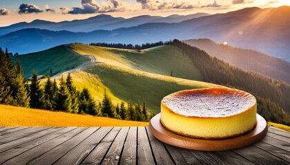 Wall Mural - cheese cake on a wooden table in the mountains at sunset	