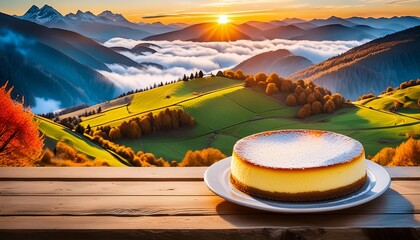 Wall Mural - cheese cake on a wooden table in the mountains at sunset	