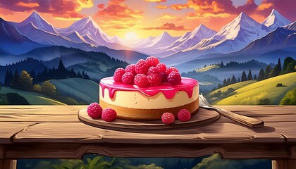 Wall Mural - raspberry cheese cake on a wooden table in the mountains at sunset	