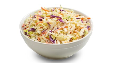 A close-up of a bowl filled with a fresh, colorful coleslaw salad.