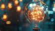 © vefimov - Brightly lit glowing brain in a clear bulb with smoke and bright lights. Creative concept or innovative idea theme.