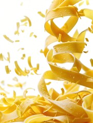 Poster - Raw Italian pasta falls gracefully, creating a cascade of golden ribbons against a white background. Generative AI