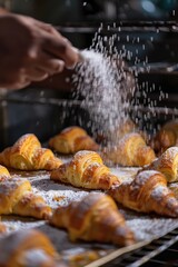 Wall Mural - The photo shows a chef in action, sprinkling sugar over a tray of croissants before baking