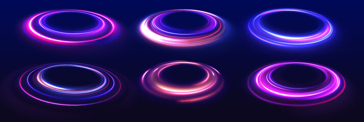 Poster - Energy flow tunnel. Blue portal, platform. Night road speed illustration. Rounded neon line with light effect. 