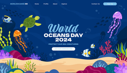 Poster - Hand drawn world oceans day landing page