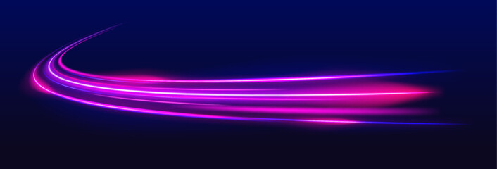 Poster - Light Trails On Road At Night. Luminous bright background. 3d render, abstract futuristic neon background with glowing ascending lines. 