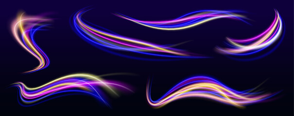 Poster - Light and stripes moving fast over dark background. Neon swirls in a big set. Laser beams luminous abstract sparkling isolated on a transparent background.
