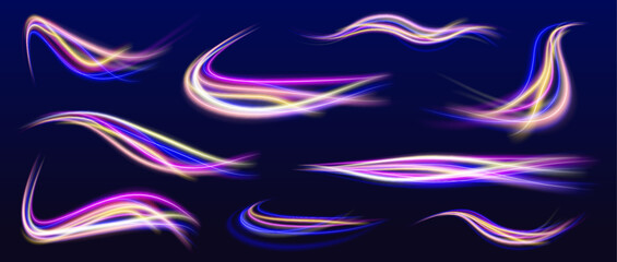 Poster - Long exposure of motorways as speed. Beautiful glow light flare and spark. Neon spiral lines in yellow blue and purple colors.