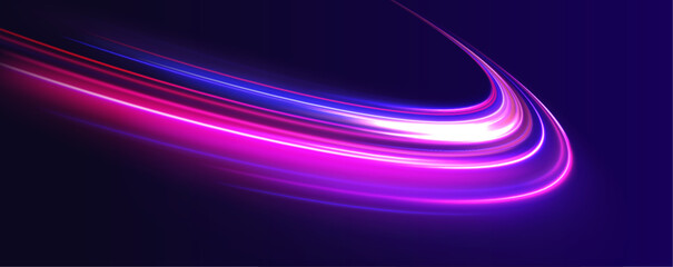 Leinwandbilder - Dynamic composition of bright lines forming lights track of speed movement, futuristic dark background with neon glow, graphic design element. 
