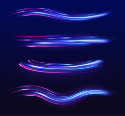 Poster - Light and stripes moving fast over dark background. Neon swirls in a big set. Laser beams luminous abstract sparkling isolated on a transparent background.