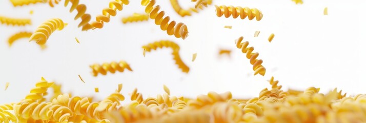 Poster - Raw Italian pasta falls gracefully on a white background, creating a beautiful and appetizing visual. The pasta is illuminated, highlighting its shape and texture. Generative AI