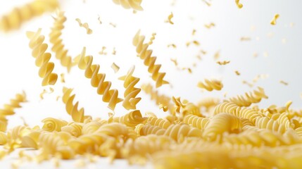 Poster - Raw fusilli pasta gracefully falls against a white background, showcasing its intricate spiral shape and golden hue. Generative AI