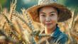 © Laurent - smiling farm worker with a hat in a wheat field under natural light