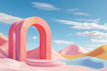Poster - This image features an abstract pink arch set against a colorful desert backdrop with a clear blue sky. The use of vibrant colors creates a sense of playfulness and creativity.