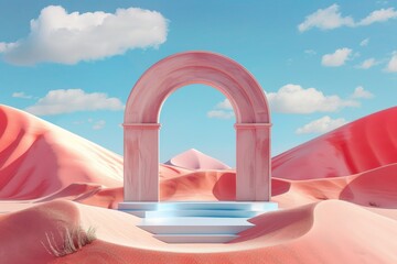 Poster - A surreal image featuring a pink archway in a desert landscape with soft dunes and clouds. The composition blends natural and architectural elements in a dreamlike setting.
