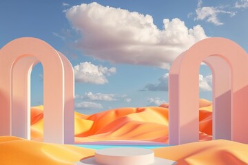 Aufkleber - A minimalistic desert landscape featuring two pastel-colored arches and a blue circular pool in the foreground, with bright skies and fluffy clouds enhancing the tranquil composition.