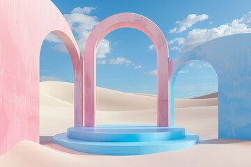 Aufkleber - A surreal desert scene featuring three pink and blue arches surrounding a pool, with a sandy foreground and a bright blue sky dotted with fluffy clouds.