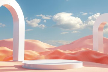 Poster - A digital artwork featuring pastel-colored arches set against an abstract desert landscape with soft, undulating dunes and a clear blue sky dotted with white clouds.