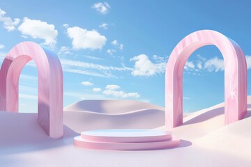 Poster - An elegant digital image showcasing minimalist pastel arches set within a calm abstract desert landscape with soft dunes and a tranquil blue sky dotted with white clouds.