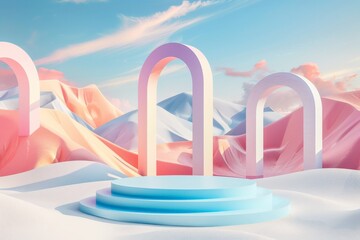 Poster - A whimsical digital artwork featuring modern pastel-colored arches set against a dreamy, snowy abstract landscape, with a soft, colorful sky enhancing the serene mood.