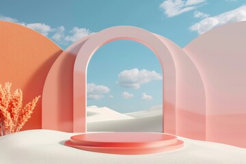 Poster - A visually striking image featuring an archway and curved walls in a soft pastel landscape, blending modern design with elements of tranquility and minimalism.