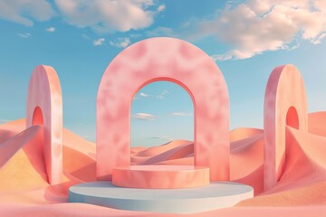 Poster - A captivating scene showcasing pink rounded arches alongside an elevated platform with steps, set against a tranquil pastel desert landscape under a clear sky.