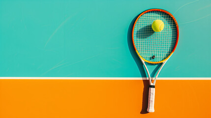 Tennis racket and ball on a colorful court 