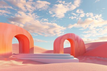 Poster - This image showcases pink arches in a serene desert environment, bathed in a golden sunset light, creating a warm and tranquil atmosphere that evokes feelings of peace.