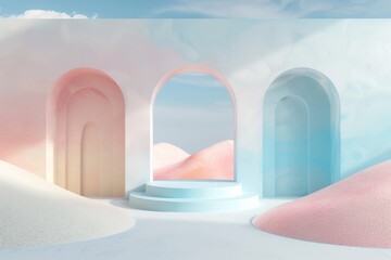 Poster - This image depicts whimsical pastel arches standing against a cloudy pastel backdrop, creating a harmonious and surreal scene that evokes peace and tranquility.