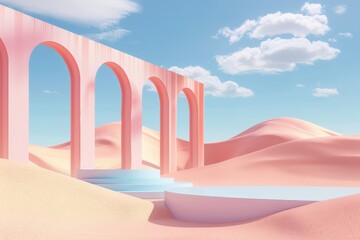 Poster - This image displays a minimalist desert landscape with arches, characterized by its pastel color tones and clean lines, evoking a sense of calm and simplicity.
