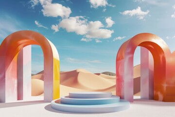 Poster - This image presents two vibrant arches with a podium, set in a desert landscape under a bright blue sky. The composition is modern, colorful, and visually striking.