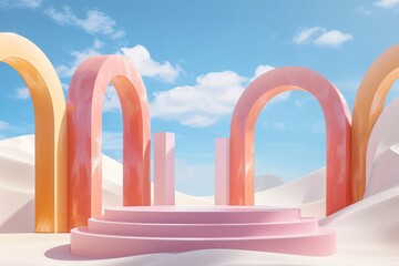 Poster - A surreal pastel landscape with three large arches in hues of pink and orange stands on sandy terrain under a blue sky with clouds, evoking creativity and tranquility.
