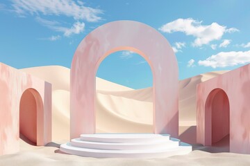 Poster - Image depicting a grand pink archway standing on a circular stage in a bright desert with sand dunes, under a vivid blue sky with white clouds, creating an abstract scene.