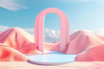 Poster - A solitary, elegant pastel arch stands at the forefront of a soft, undulating desert landscape, leading the viewer's gaze toward a tranquil horizon under a sky blessed with clouds.
