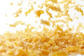 Poster - Close-up shot of raw Italian pasta falling gracefully onto a white surface. Generative AI