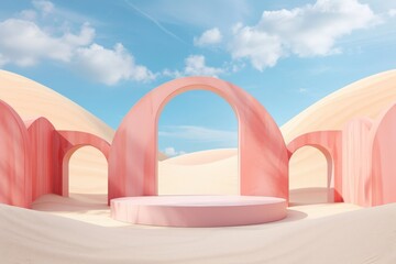 Poster - This image shows a surreal desert scene featuring pastel-colored arches and platforms, creating a dreamy and artistic atmosphere under a clear blue sky with minimal clouds.