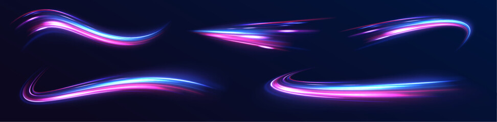 Poster - Big set of light neon lines in the form of swirl and spirals. Expressway in long delay, with car lights at night on autobahn. Vector glitter light fire flare trace.	
