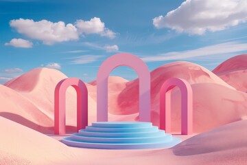 Poster - This image presents a pastel desert with a central blue platform surrounded by pink arched structures. The scene is set under a bright blue sky with fluffy white clouds.