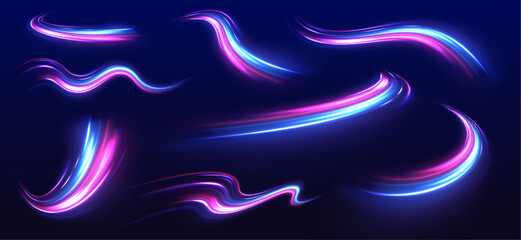 Wall Mural - Abstract image of speed motion on the road. Vector glitter light fire flare trace. Dark blue abstract background with ultraviolet neon glow, blurry light lines, waves	