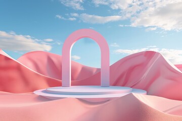 Poster - This image displays a serene pastel desert featuring a single large pink arch on a round platform, all under a vibrant blue sky with scattered clouds, creating a tranquil ambiance.