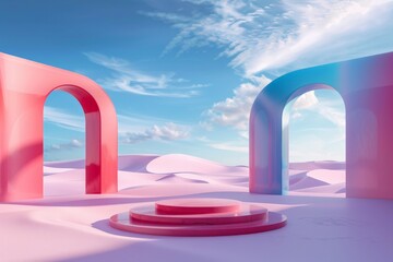 Poster - A conceptual landscape showcasing grand pink arches against a soft, pastel backdrop with interchanging shades of blue and pink, providing an artistic and calm ambiance.