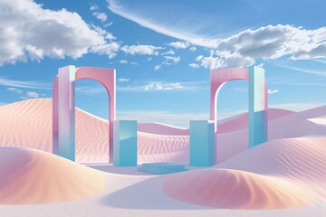 Poster - An abstract design featuring pastel arches and geometric shapes floating in a serene, dreamlike desert landscape under blue skies with fluffy white clouds.