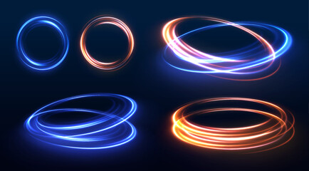 Poster - Set of speed lines in circle shape of neon colors for your design. Glowing spiral. Abstract neon color glowing lines background. 