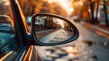 Canvas Print - Car side mirrors that reflect the road and scenery behind The mirror captures the image behind in detail. Emphasis is placed on the driver's perspective. Themes related to driving, travel and safety.