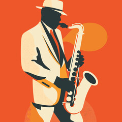 Saxophone player vector retro style poster for jazz festival live music